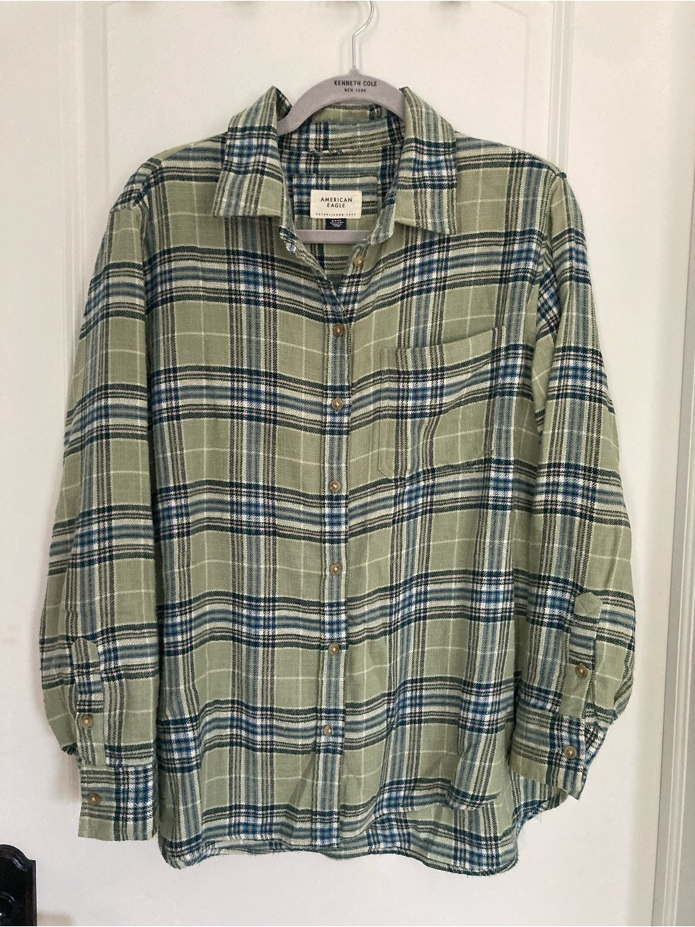 American Eagle Outfitters Olive and Navy Plaid Button-Down Shirt